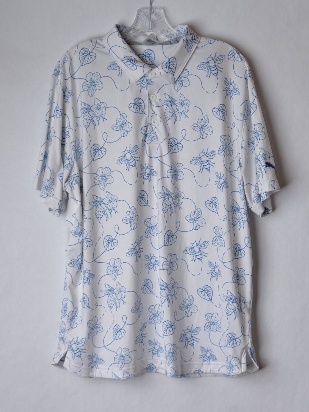 Puma Polo Shirt Mens Large White Floral All Over Print Bee Golf Performance Logo